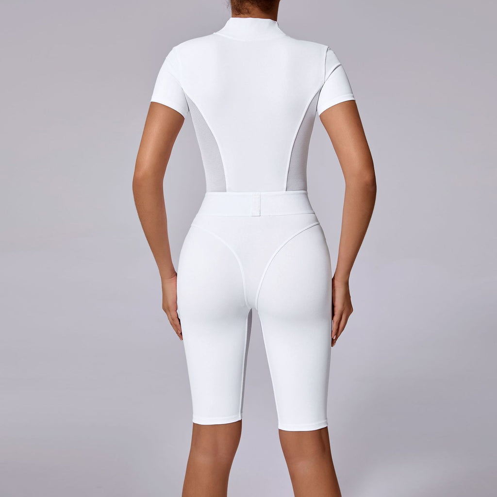Waist-Shaping Zip Neck Short Sleeve Yoga Jumpsuit Mesh Panel Gym Bodysuit