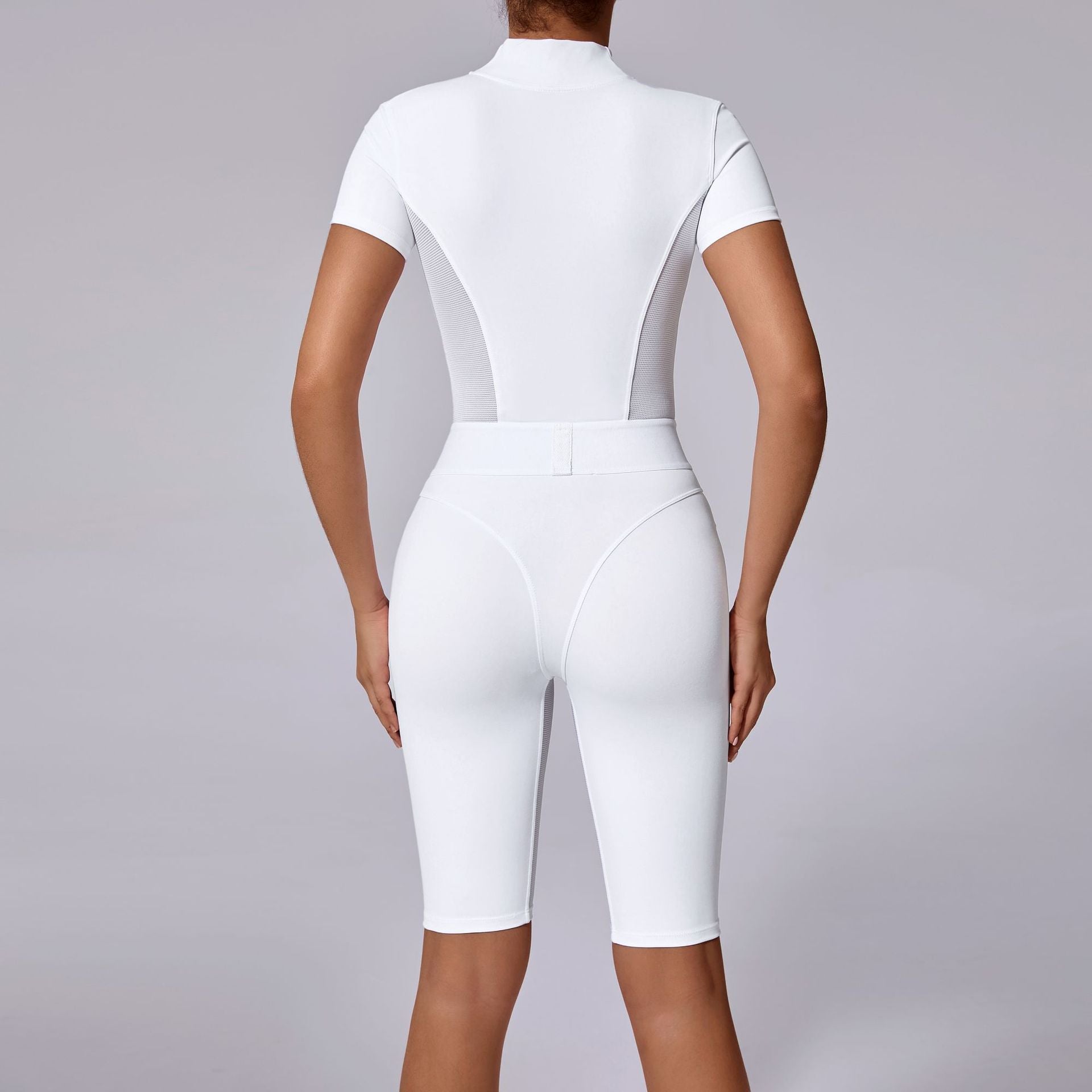 Waist-Shaping Zip Neck Short Sleeve Yoga Jumpsuit Mesh Panel Gym Bodysuit