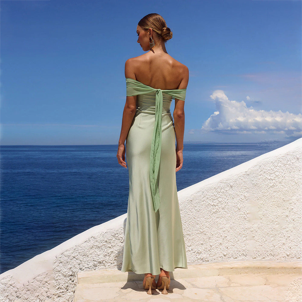 2026 Summer French Elegant Sexy Backless Off Shoulder Tube Top Ruffled Long Beach Dress