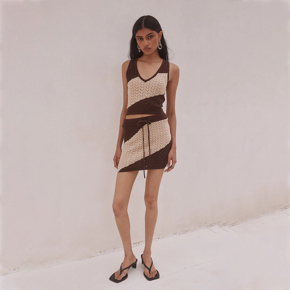 2026 Summer Sexy Striped Hollow Out Knitted Beach Dress Bikini Swimsuit Cover Up Sunscreen Set