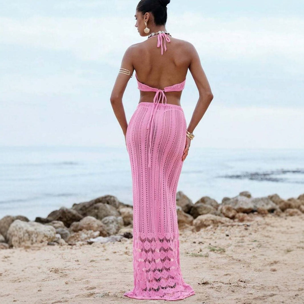2026 Sexy Floral Cut Out Waist Halter Tie Up Knit Maxi Swimsuit Dress
