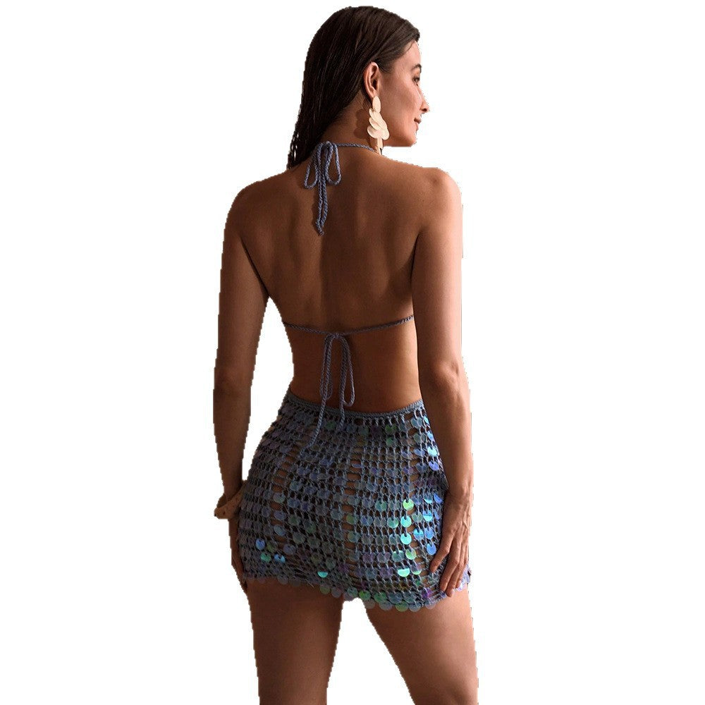 2026 New Solid Color Sexy Shimmery Deep V Neck Backless Beach Dress Bikini Swimsuit Cover Up