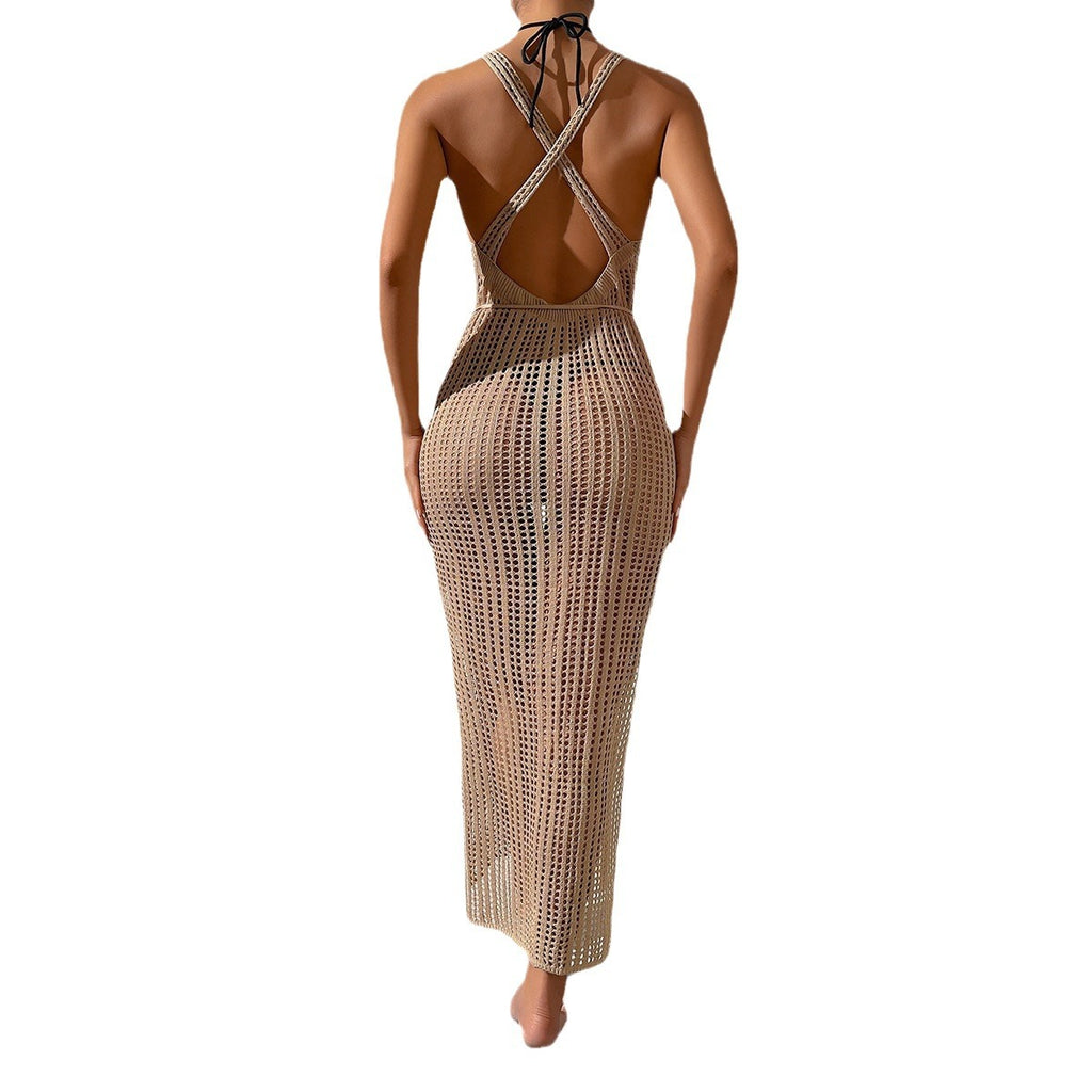 2026 Vacation Knit Beach Cover Up High Waist Backless Sexy Midi Dress