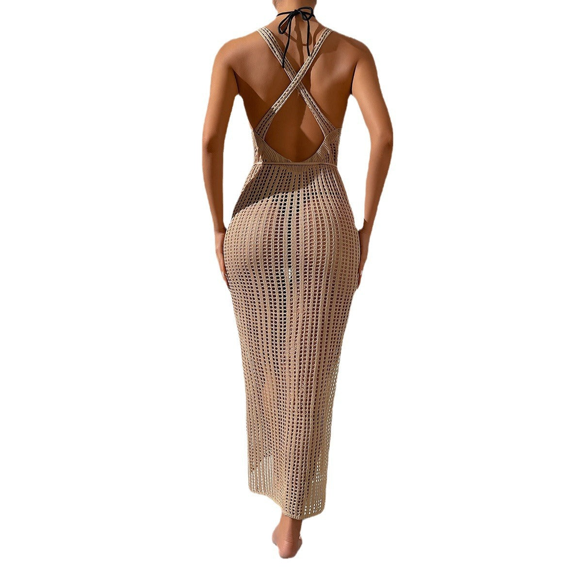 2026 Vacation Knit Beach Cover Up High Waist Backless Sexy Midi Dress