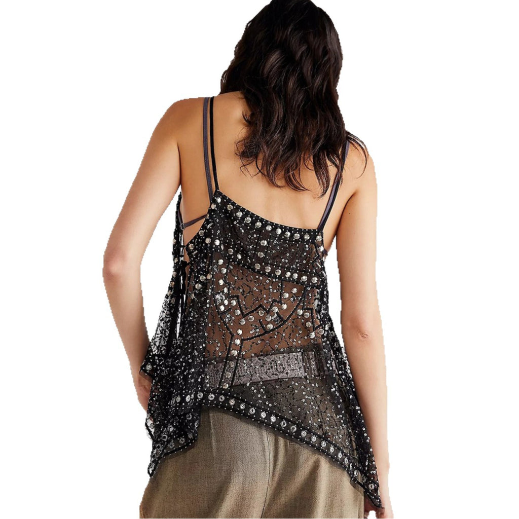2026 Sexy Sheer Backless Rhinestone Spaghetti Strap Beach Sunscreen Tank Top