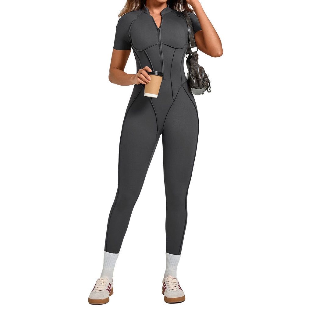 High-Neck Half-Zip Short Sleeve Yoga Jumpsuit Tummy Control Fitness Bodysuit