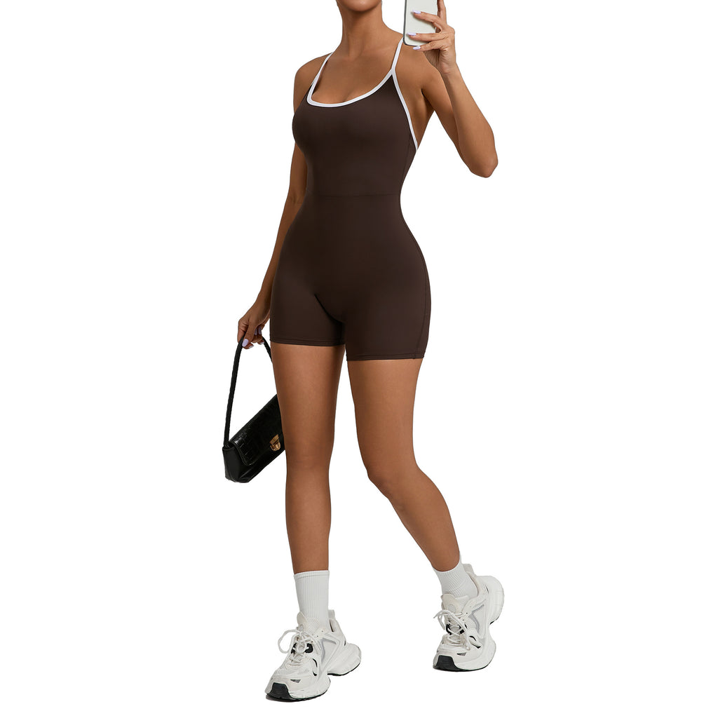 Color Block Cross Strap Scrunch Butt Yoga Jumpsuit Running Fitness Wear