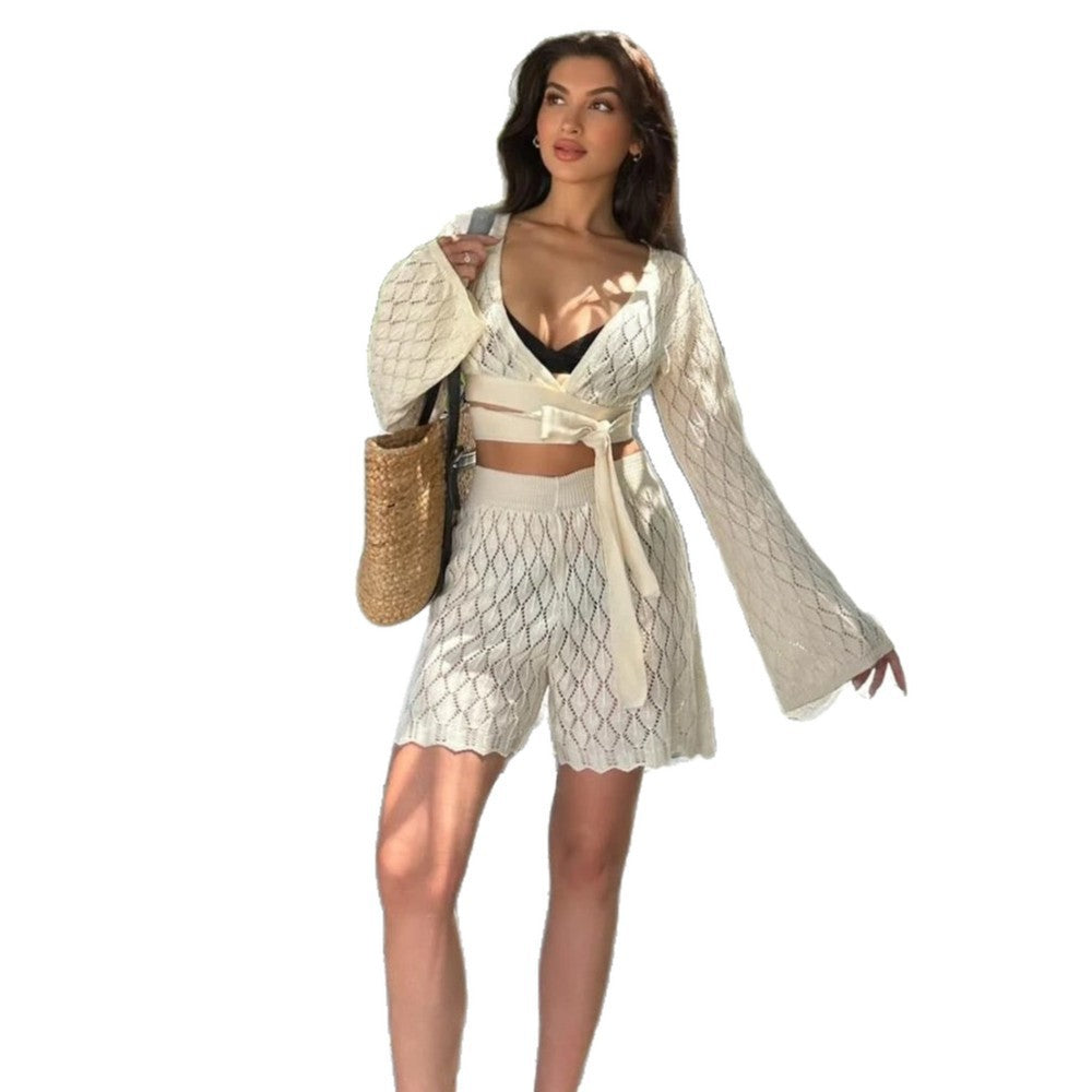 2026 Summer Sexy Solid Color Cut Out Waist Knitted Beach Dress Swimsuit Cover Up Sunscreen Set
