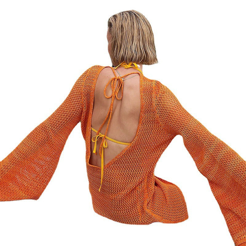 2026 New Style Knitted Loose Batwing Sleeve Sexy Backless Beach Dress Bikini Hollow Out Cover-Up for Women Beachwear