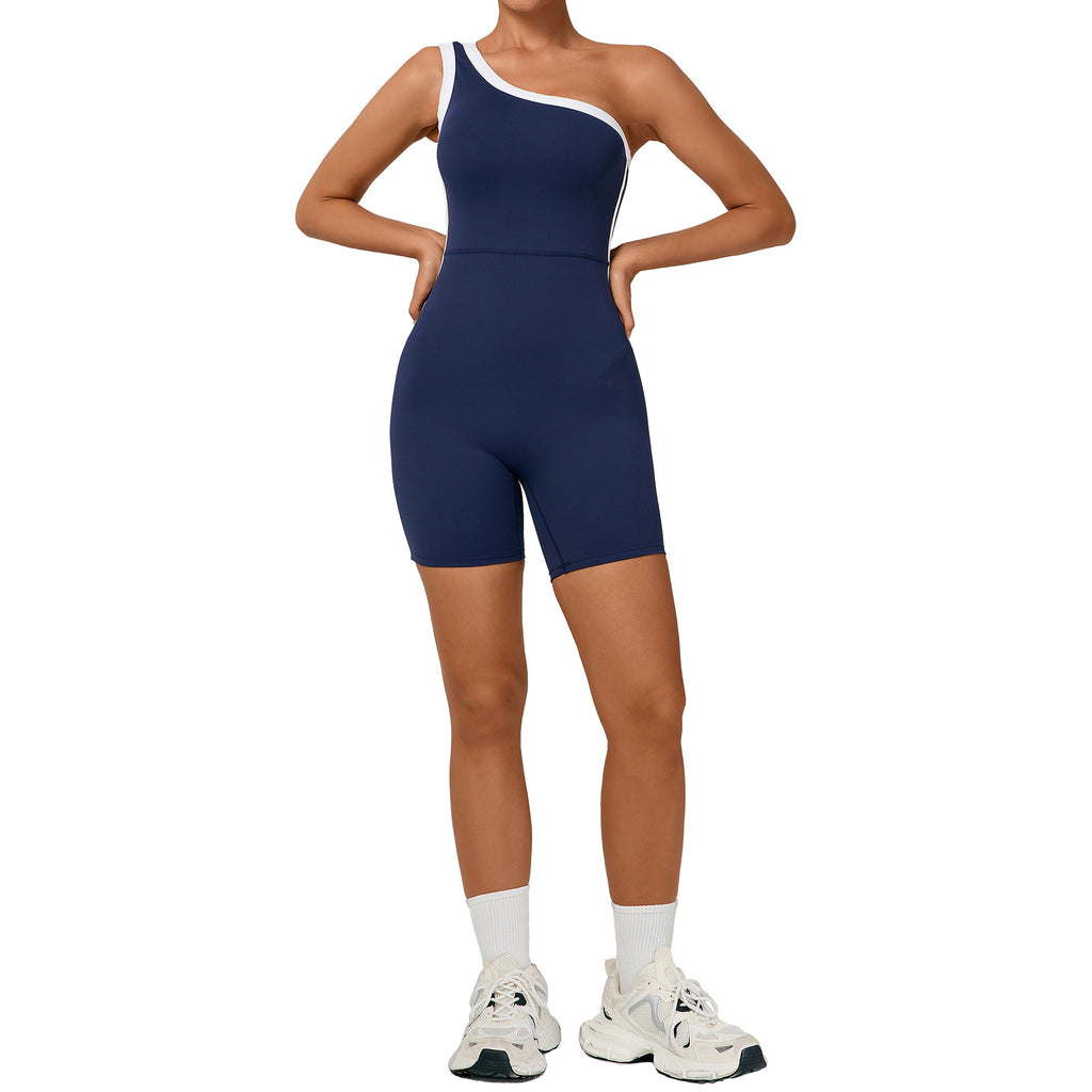 Color Block One-Shoulder Yoga Jumpsuit Scrunch Butt Gym Bodysuit