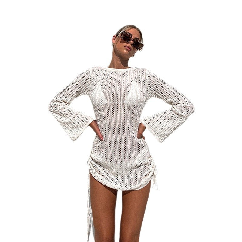 Sexy Hollow Out Side Tie Backless Beach Dress Sun Protection Cover Up Summer Vacation Outfit