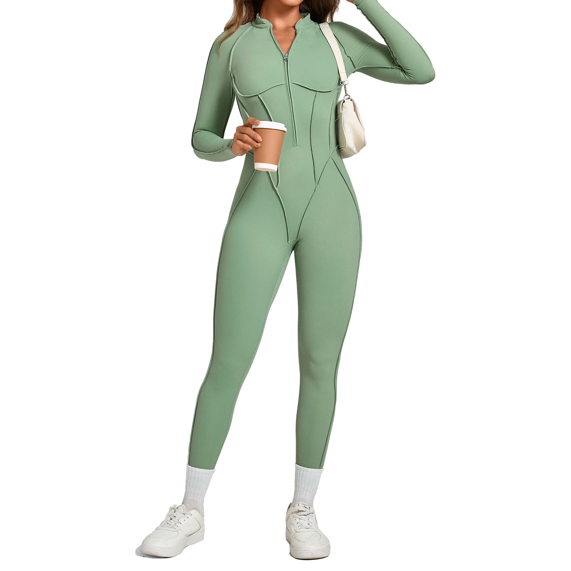 3D Panel Half-Zip Long Sleeve Yoga Jumpsuit Backless Tight Fitness One-Piece