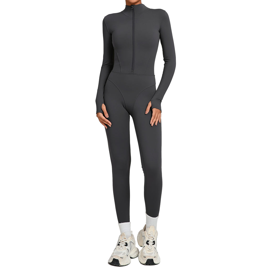 High-Neck Half-Zip Fleece Yoga Jumpsuit Outdoor Warm Running Fitness Wear