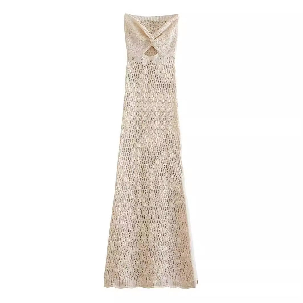 2026 Summer New Style Influencer Crop Top Style Tube Dress - Open Mesh Hollow Out Knitted Stretchy Beachwear
