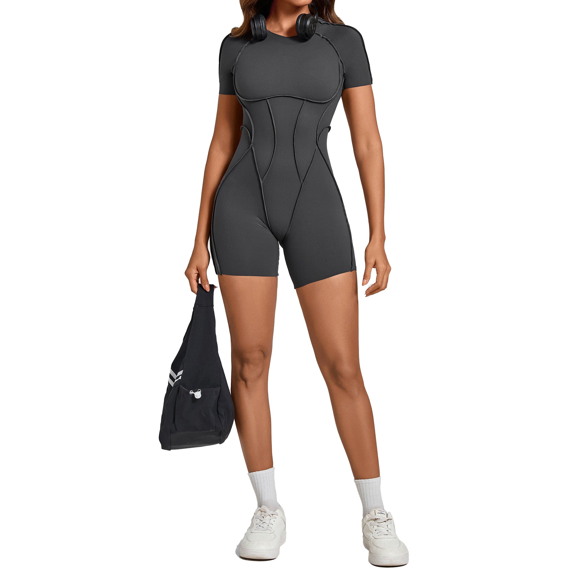 3D Panel Short Sleeve Yoga Jumpsuit Backless Tight-Fit Gym Bodysuit