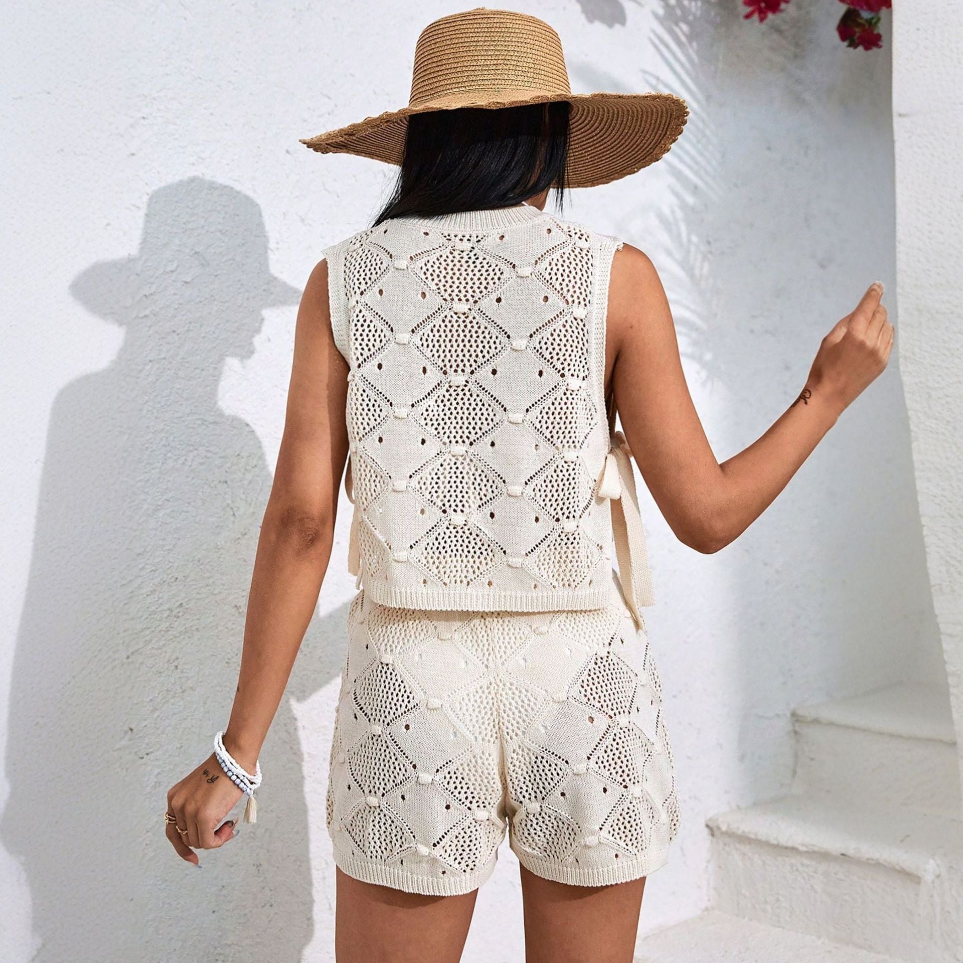 2026 European American Handmade Knit Vest Loose Casual Beach Vacation Two Piece Set