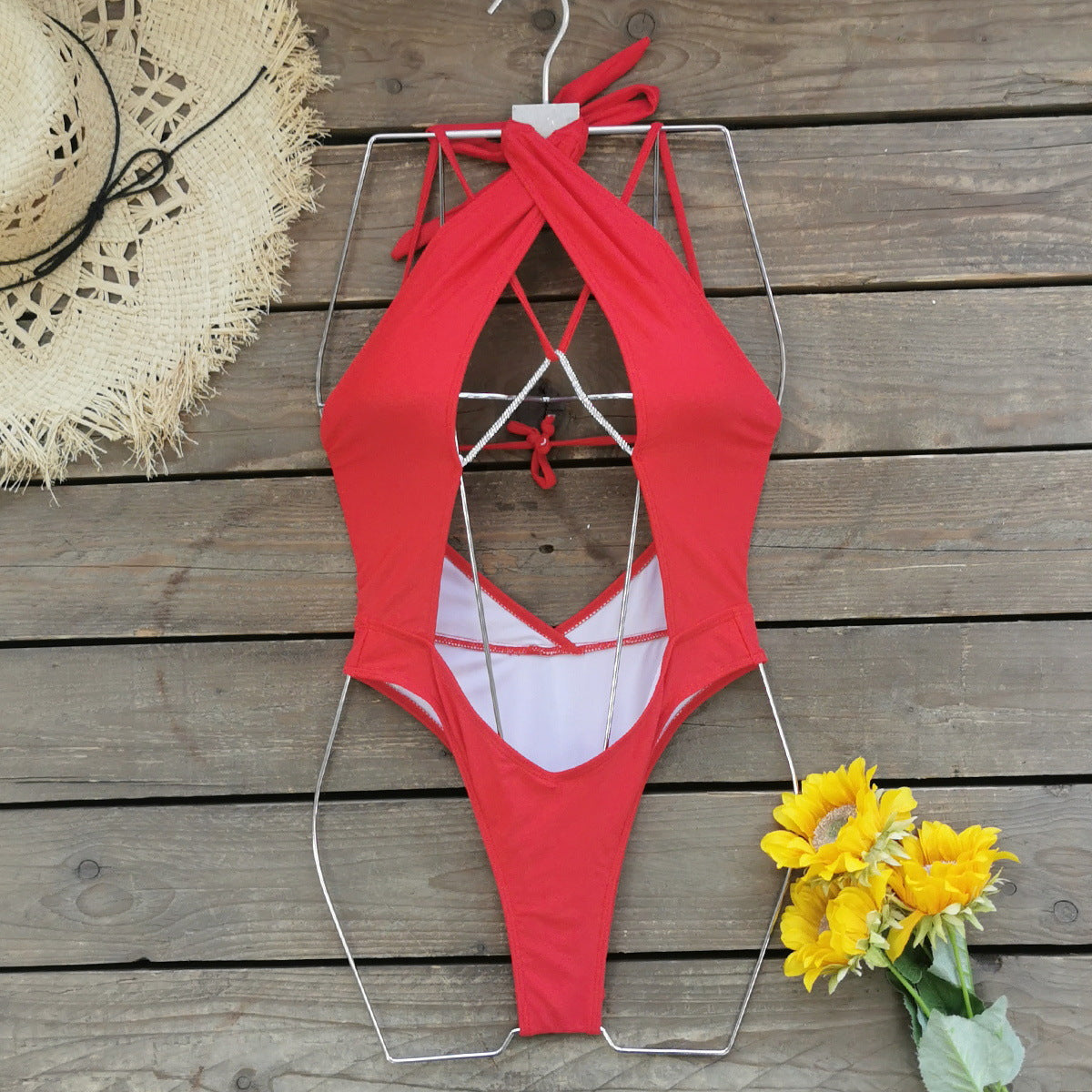 2026 Must-Have! Solid Cutout Cross Tie Sexy One-Piece Swimsuit
