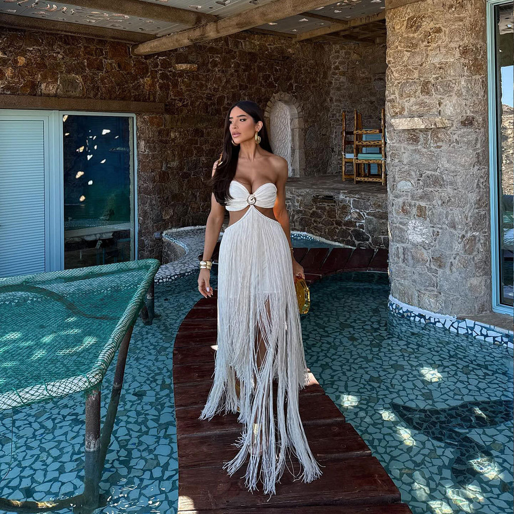 2026 Sexy Bandeau Beachwear Set - Fringe Long Skirt Tie Waist Design