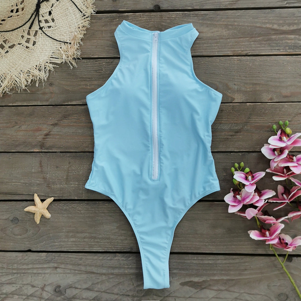 2026 New Arrival Solid Color Zip-Front Sleeveless Surfing One-Piece Swimsuit