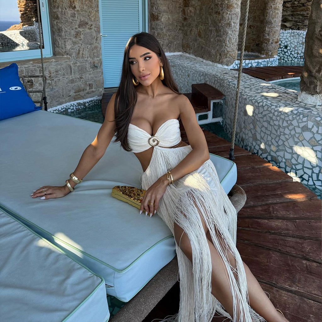 2026 Sexy Bandeau Beachwear Set - Fringe Long Skirt Tie Waist Design