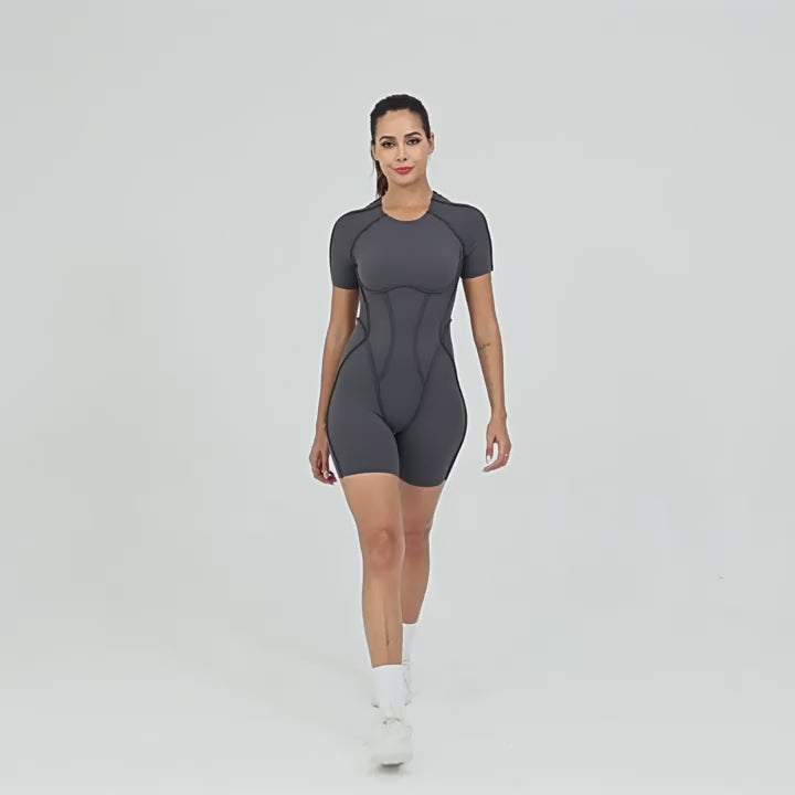 3D Panel Short Sleeve Yoga Jumpsuit Backless Tight-Fit Gym Bodysuit