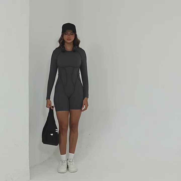 3D Seam Long Sleeve Yoga Jumpsuit Backless Tight Fitness Bodysuit