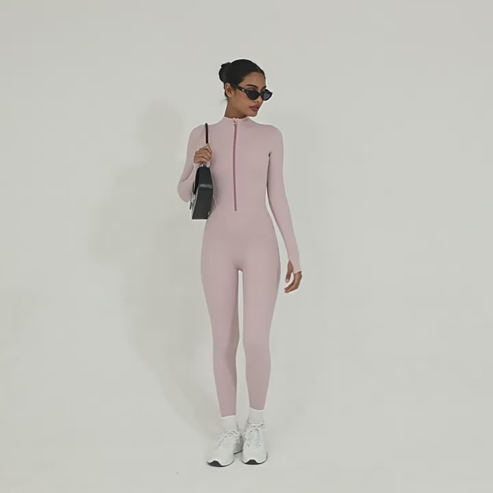 High-Neck Half-Zip Fleece Yoga Jumpsuit Outdoor Warm Running Fitness Wear