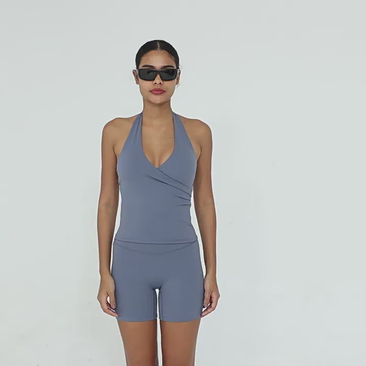 Ruched V-Neck Halter Yoga Tank | Slim Fit Cross Back Running & Fitness Sports Bra