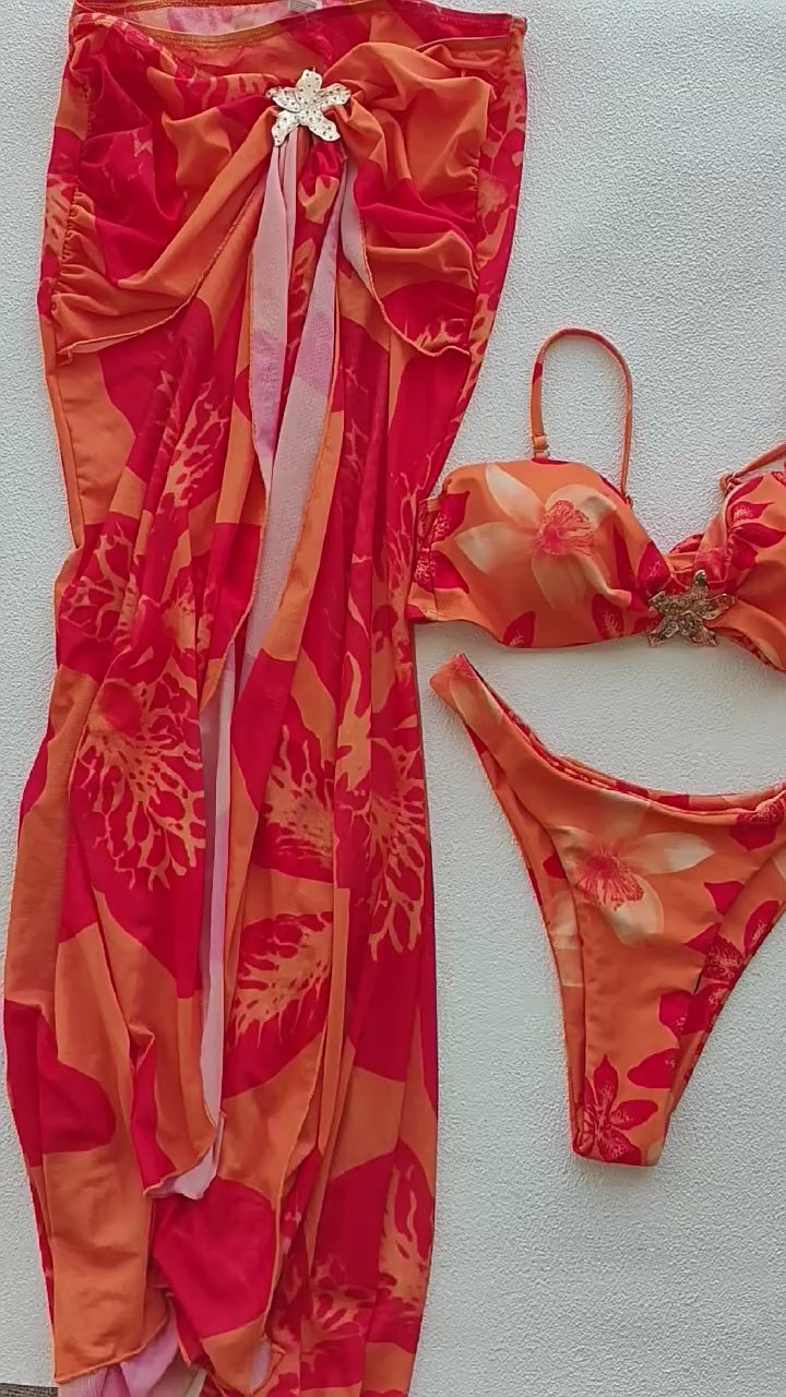 2026 Luxury Bikini Three-Piece Set | Metal Details Bandeau Top & Mermaid Sheer Skirt