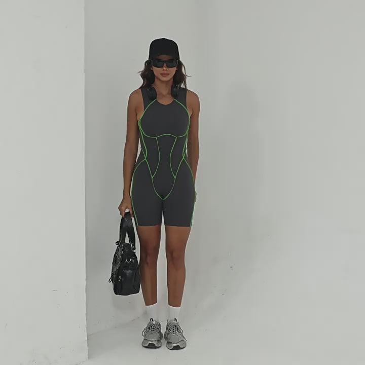 3D Panel Color Block Yoga Jumpsuit High Stretch Backless Fitness Wear