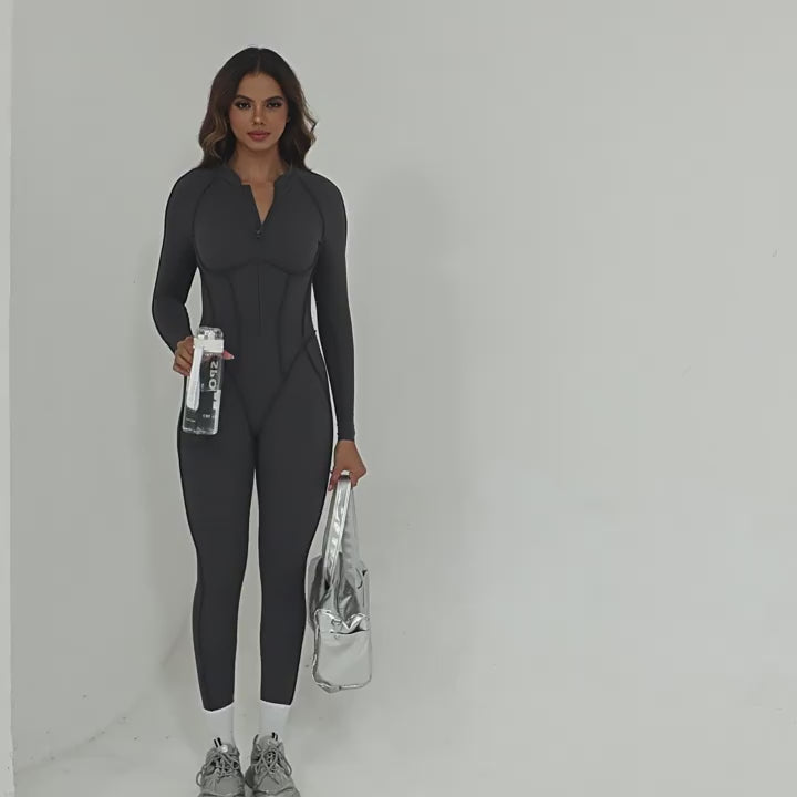 3D Panel Half-Zip Long Sleeve Yoga Jumpsuit Backless Tight Fitness One-Piece