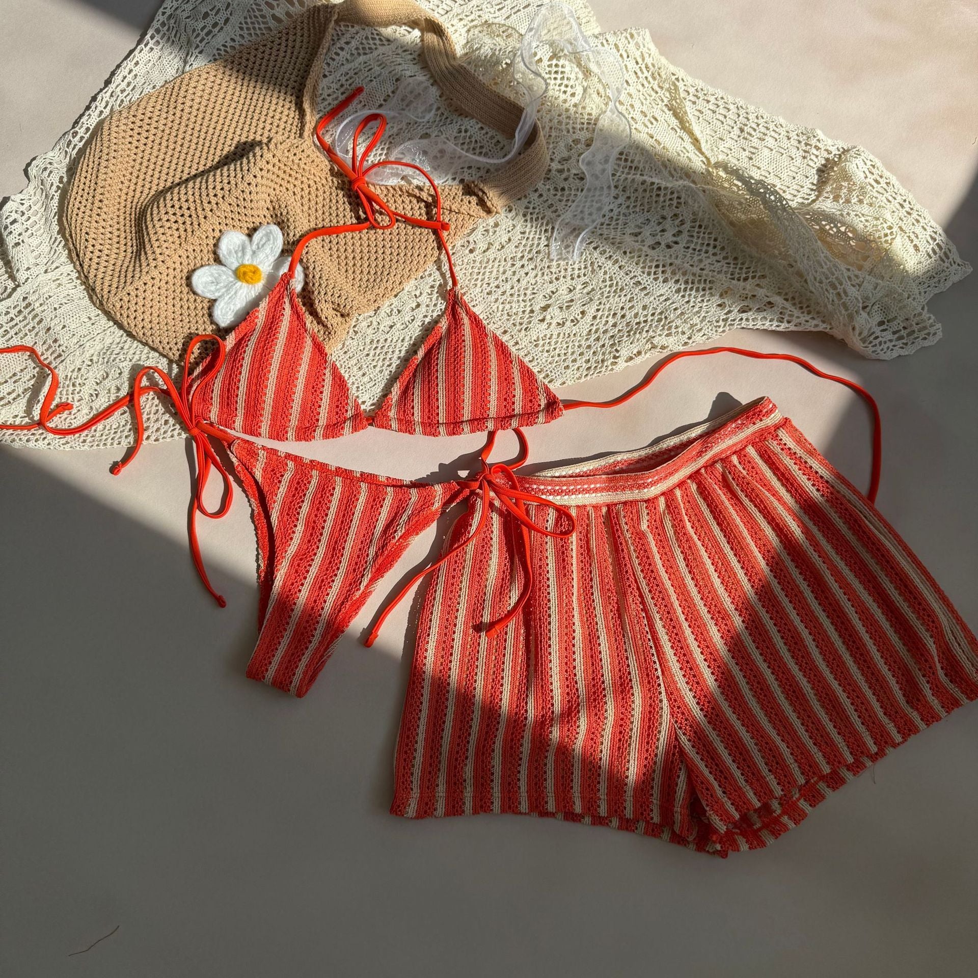 2026 Fashion Sexy Striped Tie Side Bikini Set Three Piece Beach Swimsuit For Women