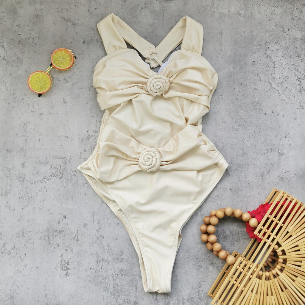 2026 Slip-On One-Piece Swimsuit | Solid Color Tie Back Ruched Triangle Style Swimwear