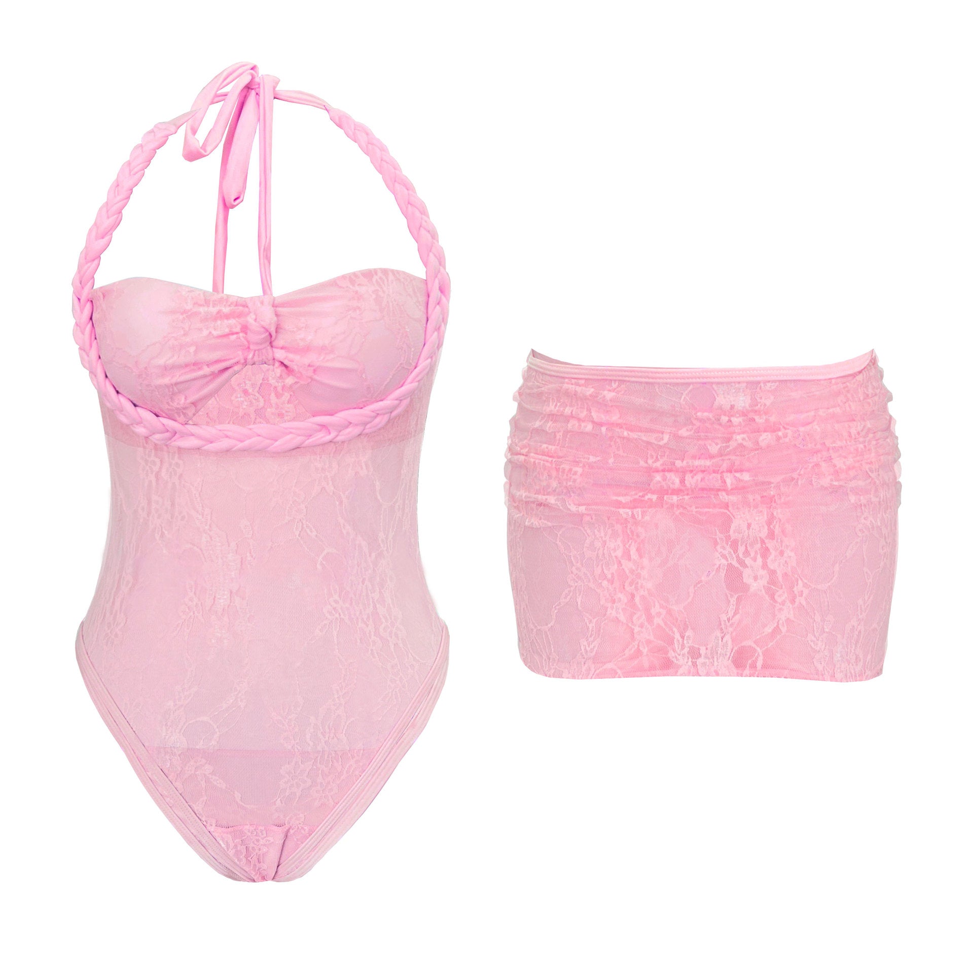 2026 Solid Color Bandeau Lace-Up One-Piece Swimsuit | Cut-Out Skirt Two-Piece Set