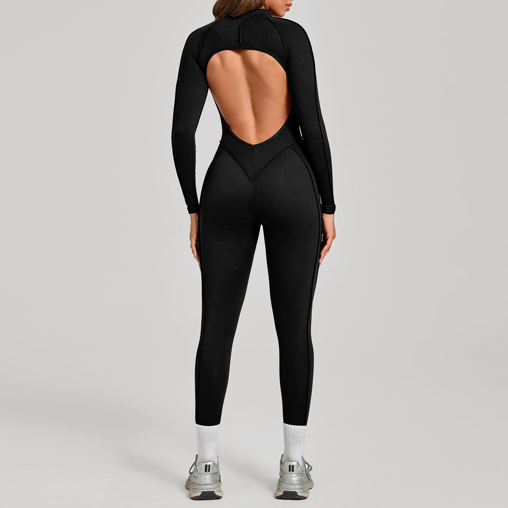 3D Panel Half-Zip Long Sleeve Yoga Jumpsuit Backless Tight Fitness One-Piece
