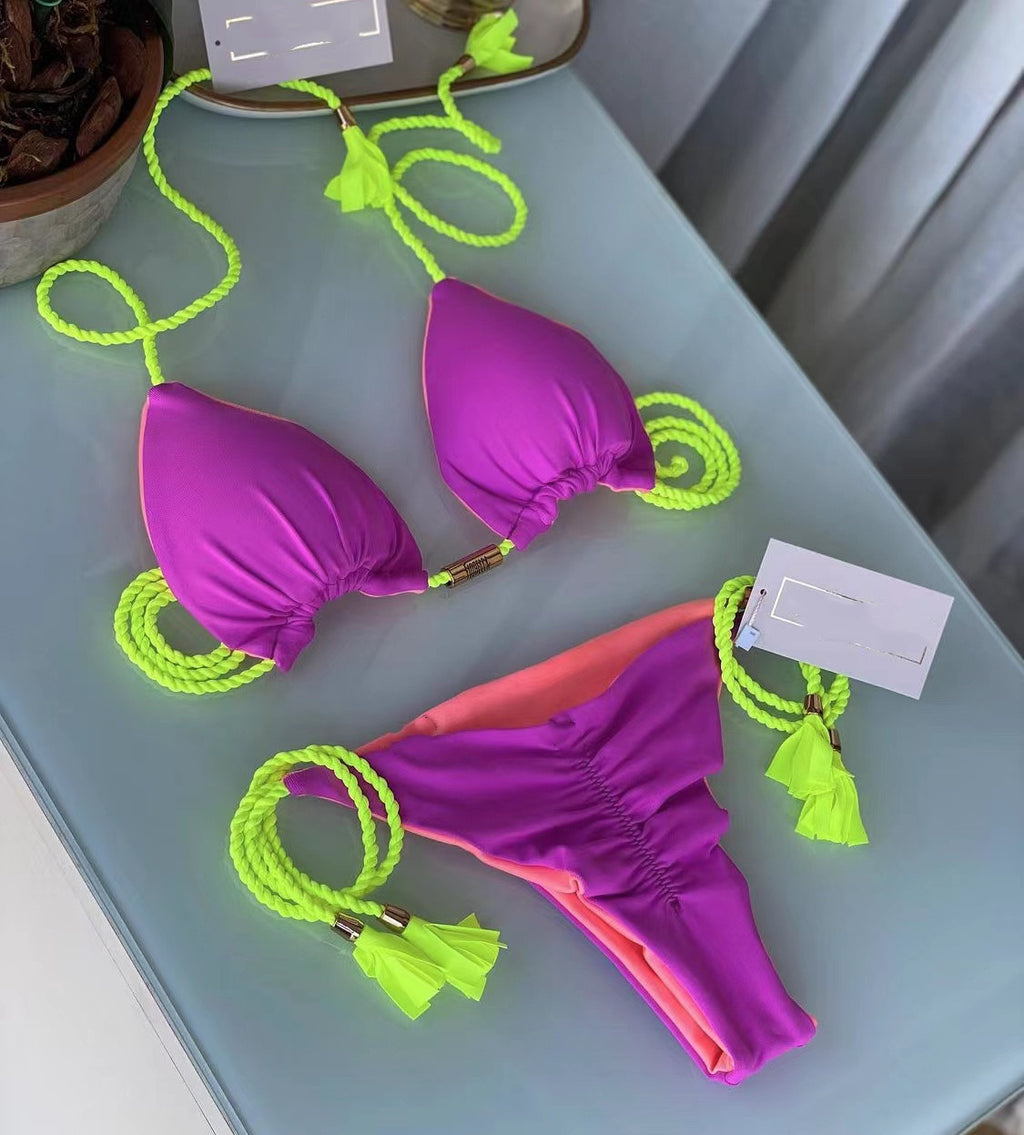 Sexy Vacation Bikini Set | Solid Color Braided String Split Swimwear for Hot Springs & Beach