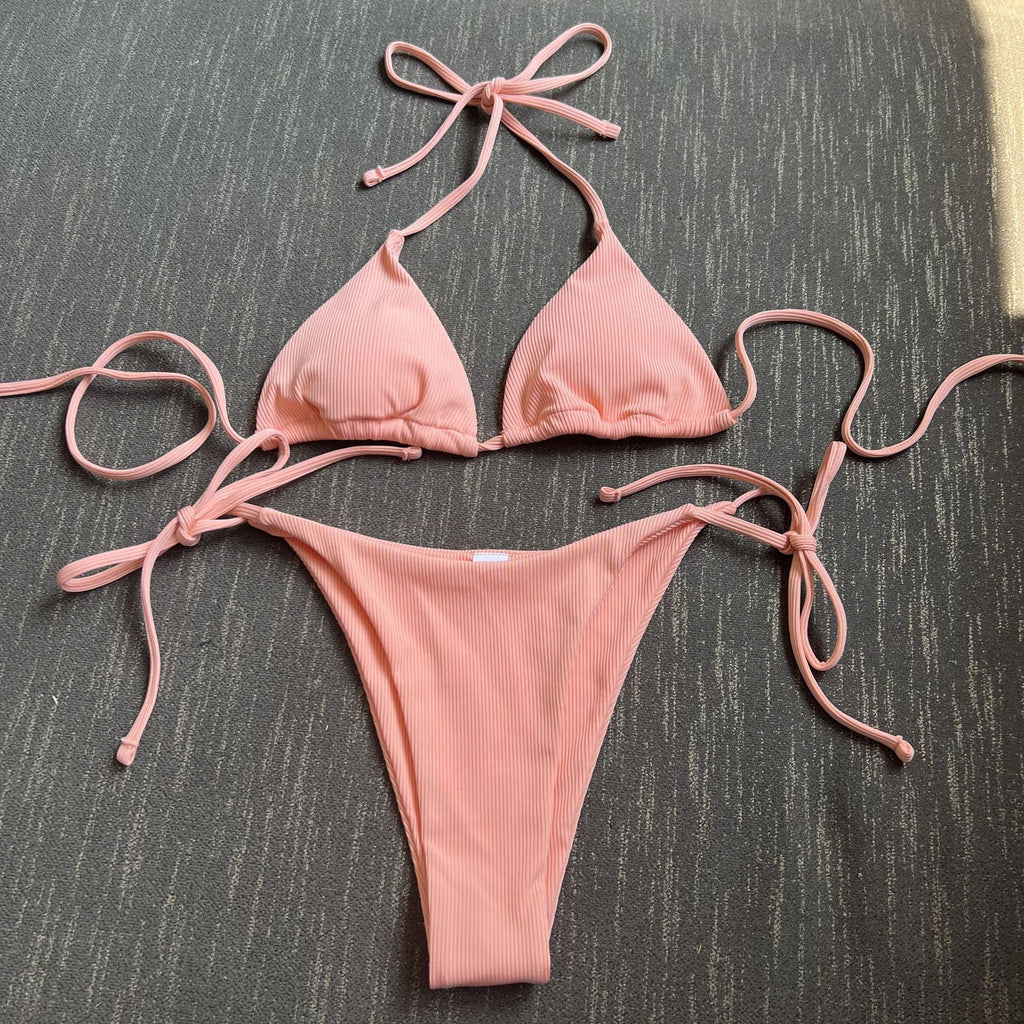 2026 Style Sexy Thong Ribbed Bikini Set Two Piece Split Swimsuit