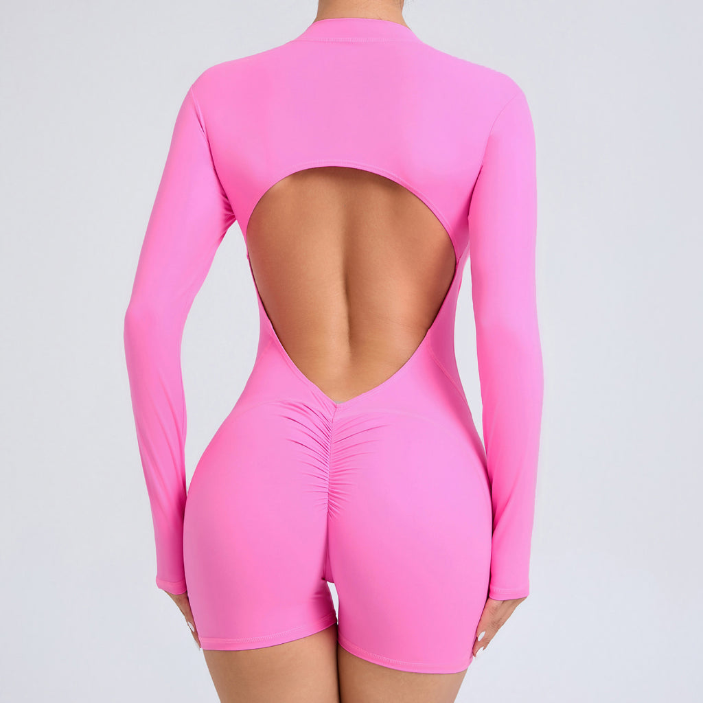 Back Cutout Half-Zip Yoga Jumpsuit Scrunch Butt Backless Quick-Dry Workout Suit
