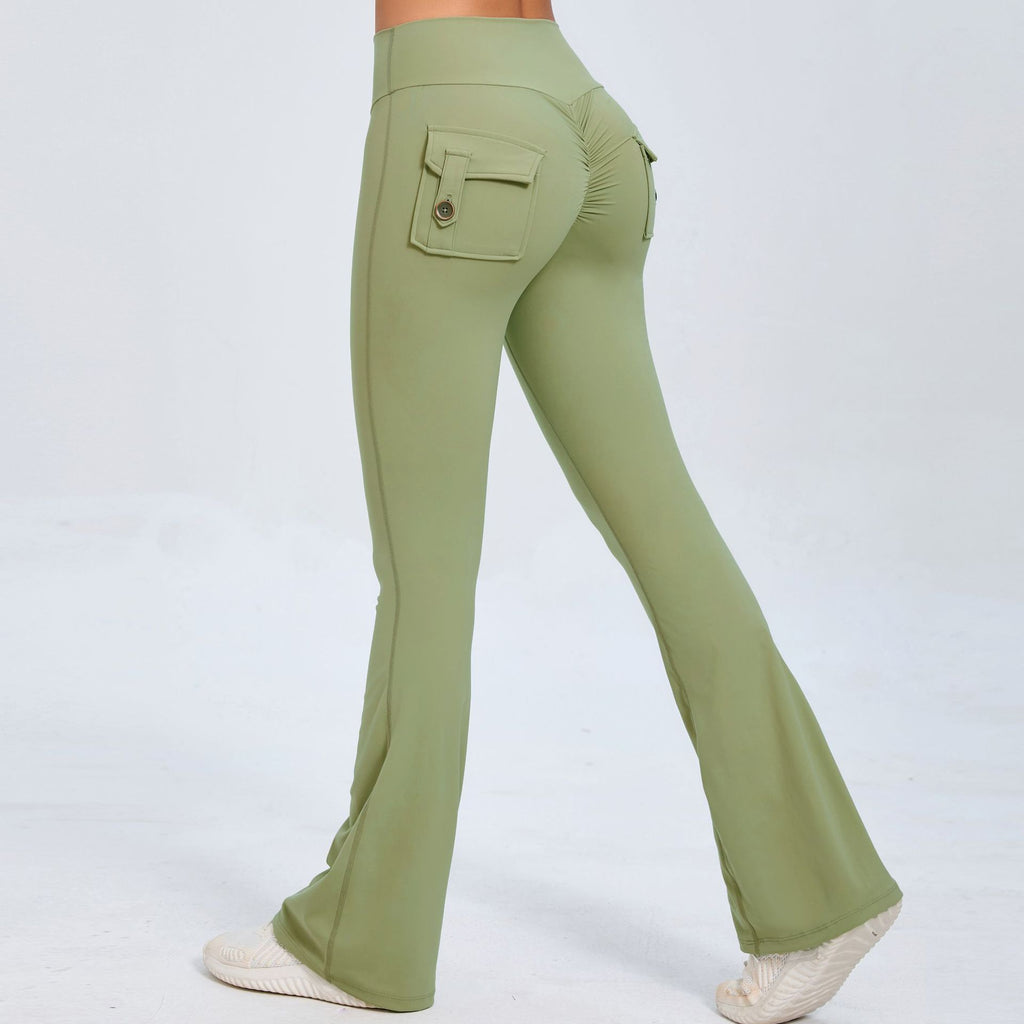 Buttoned Peach-Lift Yoga Flare Pants | High-Waist Quick-Dry Fitness Bell Bottoms for Women