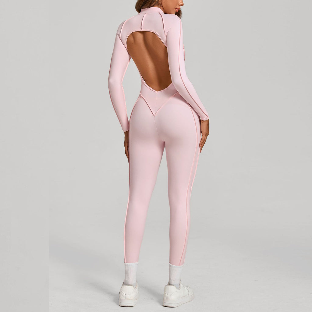 3D Panel Half-Zip Long Sleeve Yoga Jumpsuit Backless Tight Fitness One-Piece