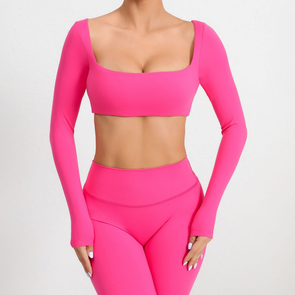 Square Neck Long Sleeve Yoga Top with Bra Pads | Quick-Dry Running & Workout Activewear