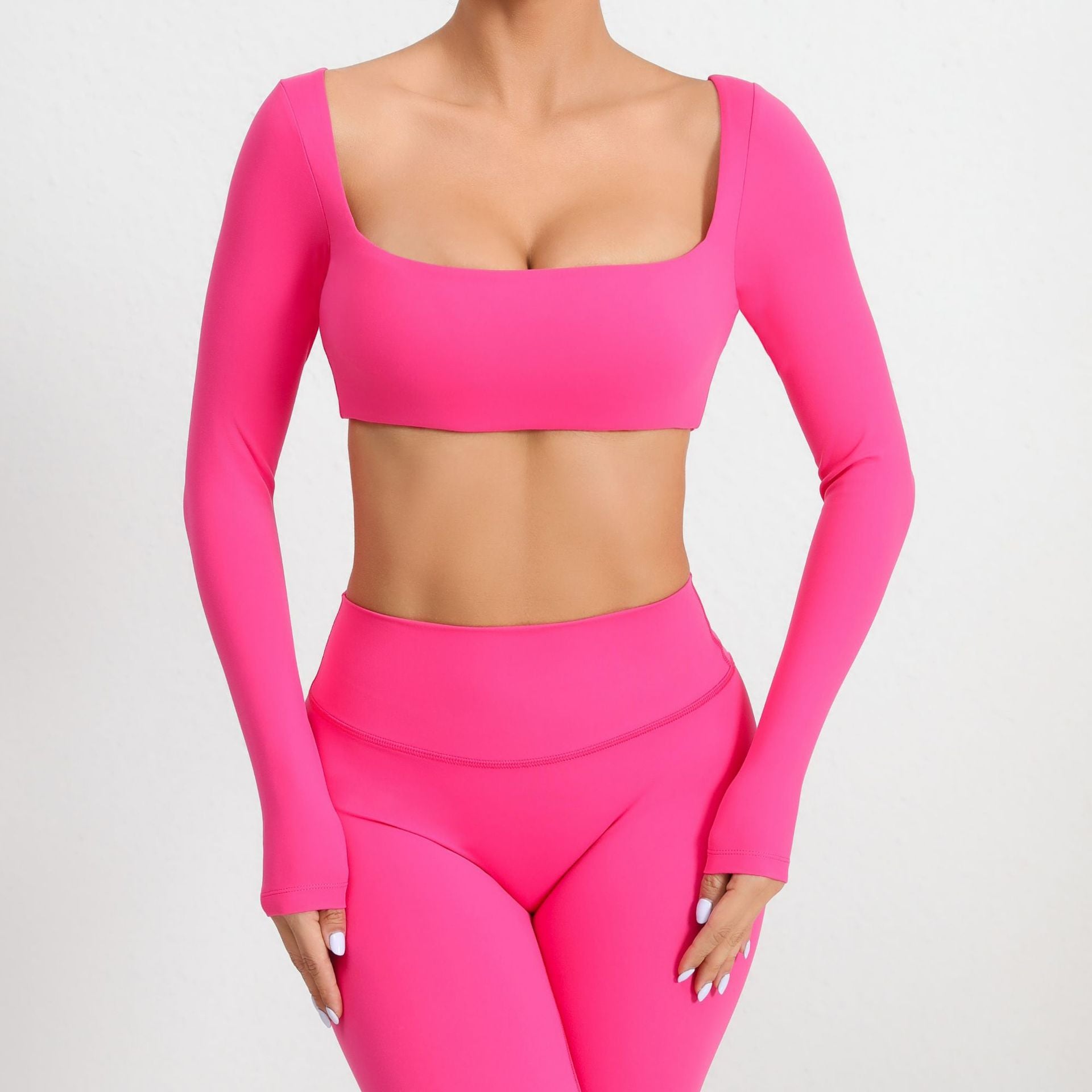 Square Neck Long Sleeve Yoga Top with Bra Pads | Quick-Dry Running & Workout Activewear