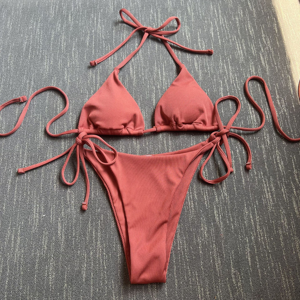 2026 Style Sexy Thong Ribbed Bikini Set Two Piece Split Swimsuit