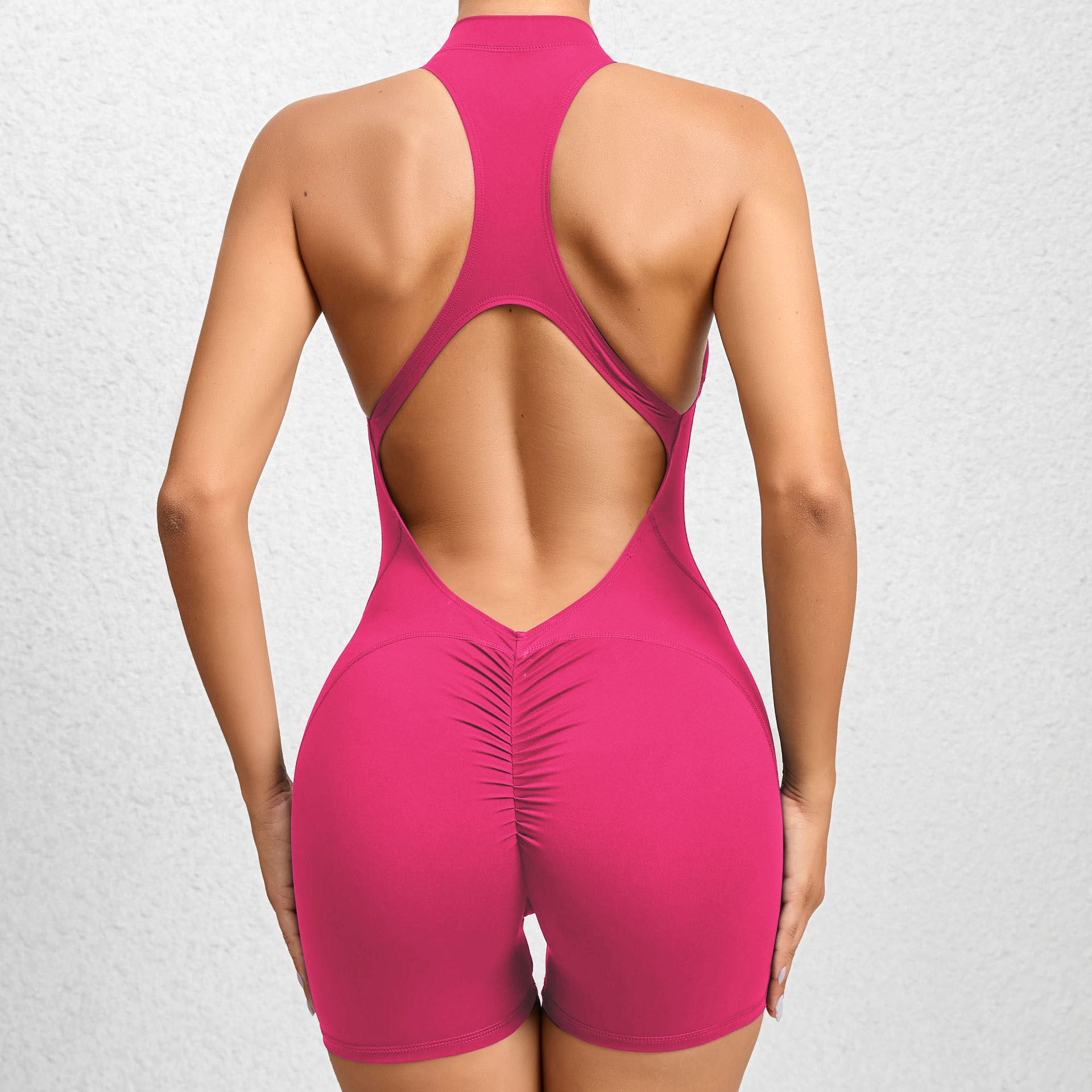 Seamless Zipper Yoga Jumpsuit Scrunch Butt Quick-Dry Ruched Fitness Bodysuit