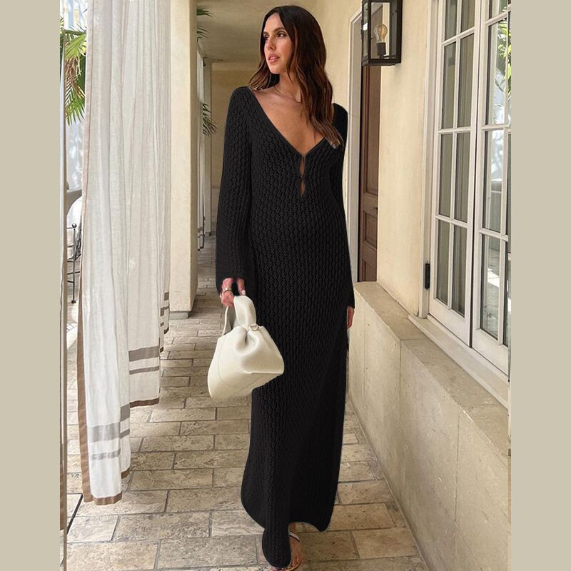 2026 Sexy Hollow Out Knit Long Sleeve Beach Dress Bikini Swimsuit Sunscreen Cover