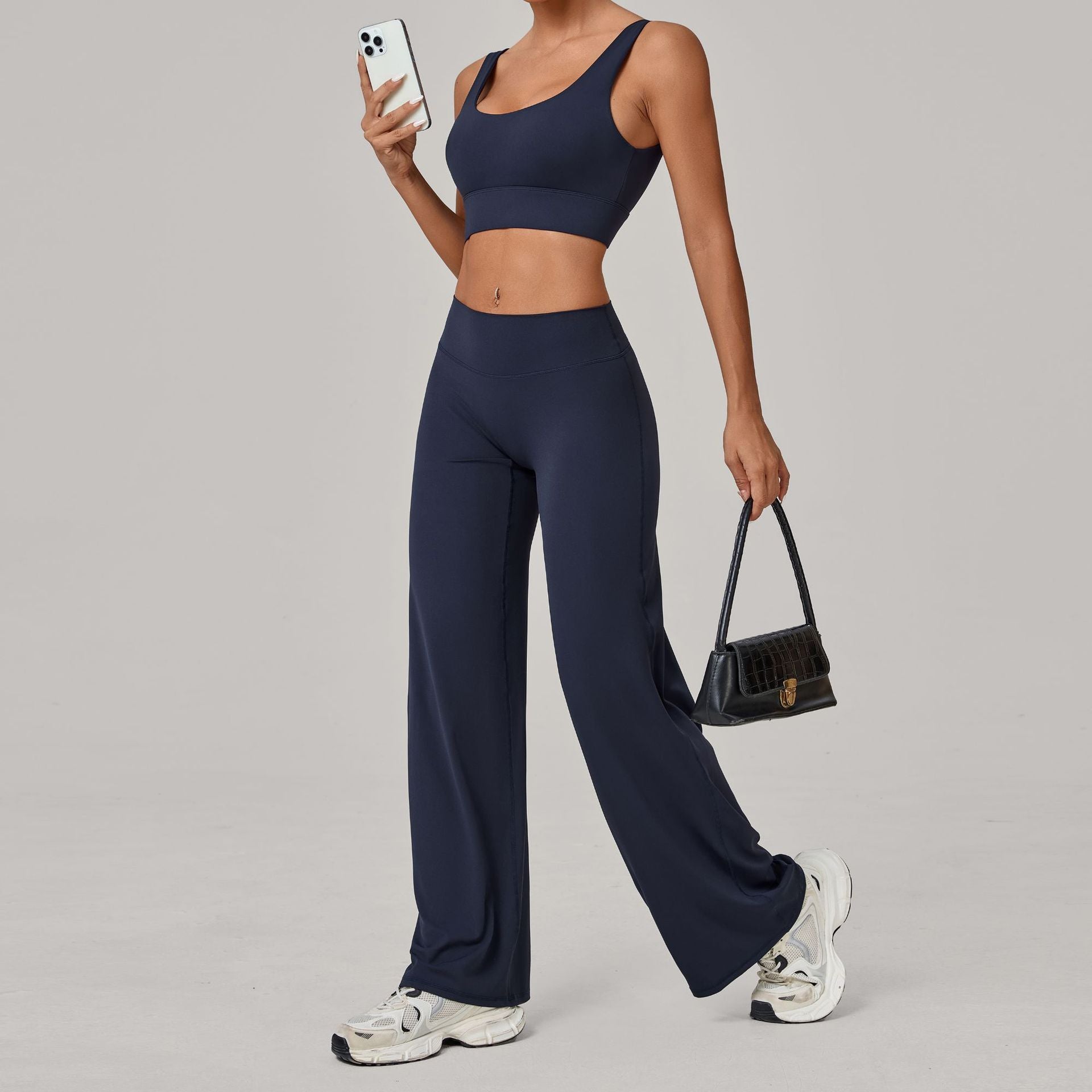 Double Strap Sports Bra & Straight-Leg Pants Yoga Set | Quick-Dry Winter Running Outfit