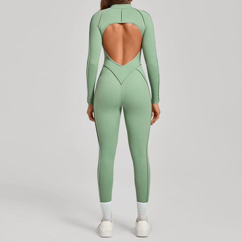 3D Panel Half-Zip Long Sleeve Yoga Jumpsuit Backless Tight Fitness One-Piece