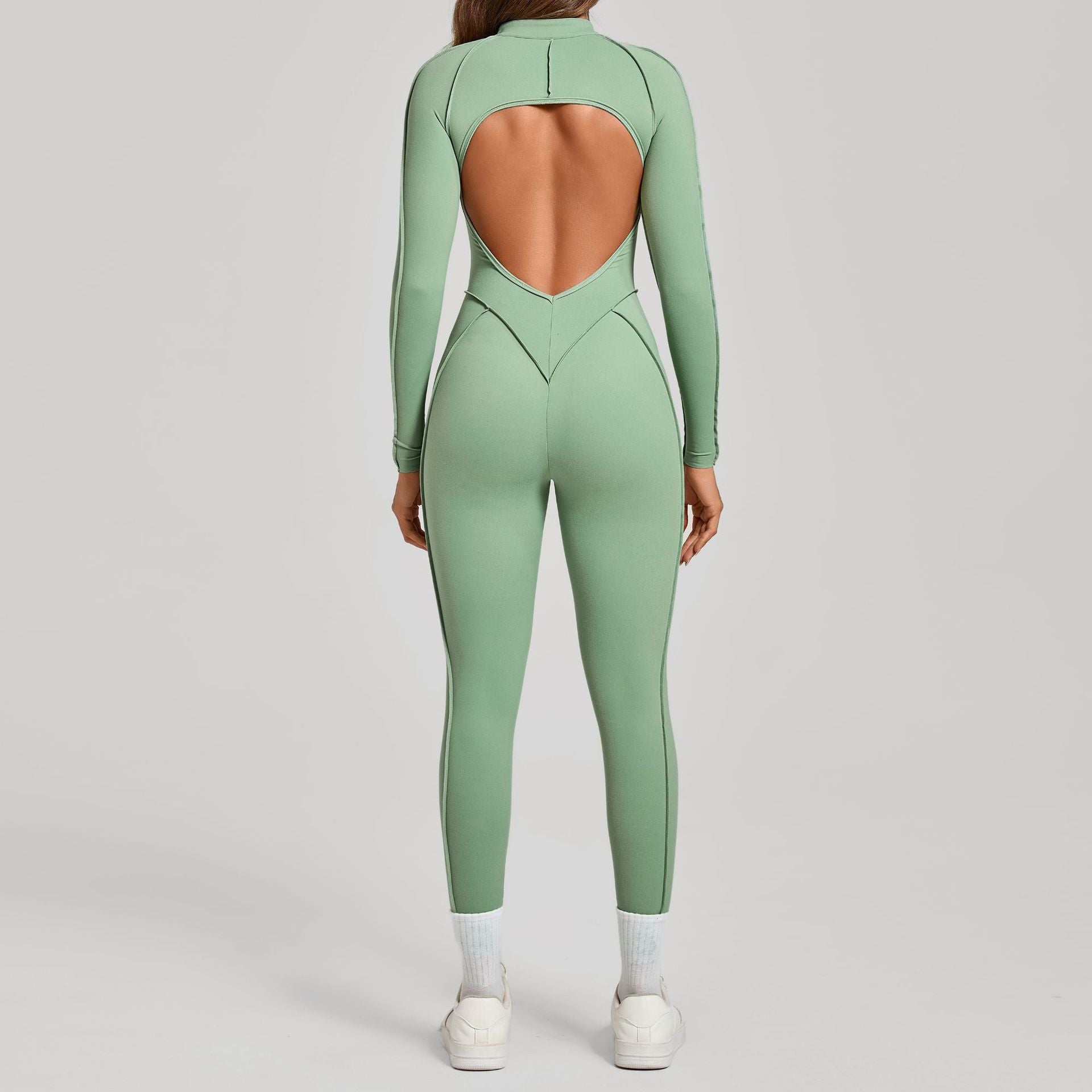 3D Panel Half-Zip Long Sleeve Yoga Jumpsuit Backless Tight Fitness One-Piece