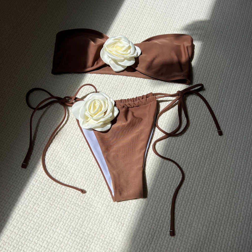 2026 Solid Color Rose Bandeau Drawstring Bikini Set Two Piece Split Swimsuit