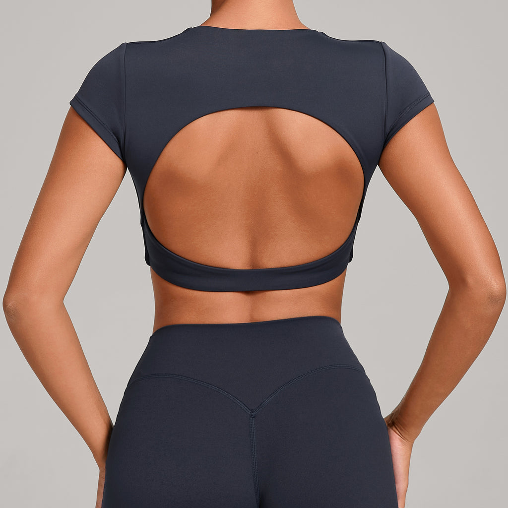 Backless Running Yoga Top｜Double-Stitched Tight Fit No-Bra Short Sleeve Activewear for Women